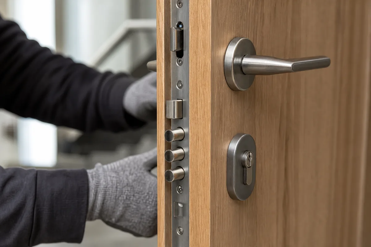 Serrure multipoints et cylindre en gros plan sur une porte d&rsquo;entrée, lumière nette de palier
