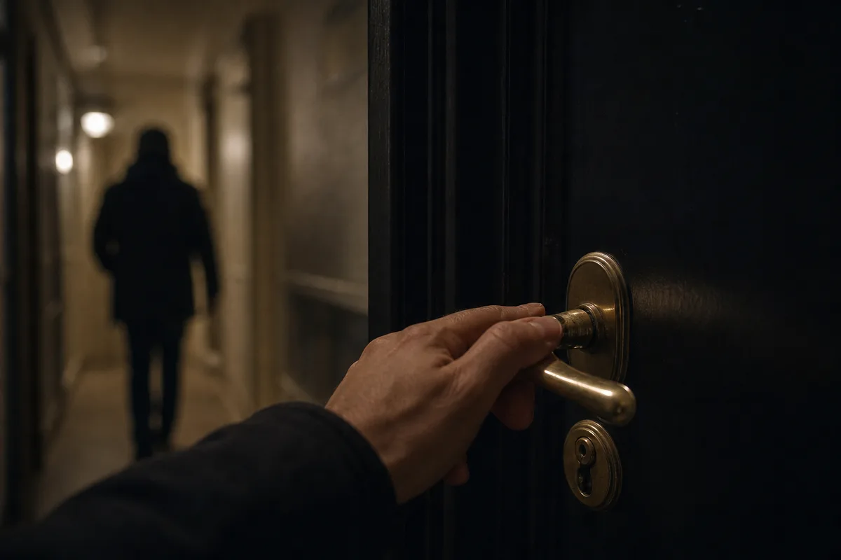 Palier d’immeuble la nuit, main posée sur la poignée d’une porte close, lumière tamisée