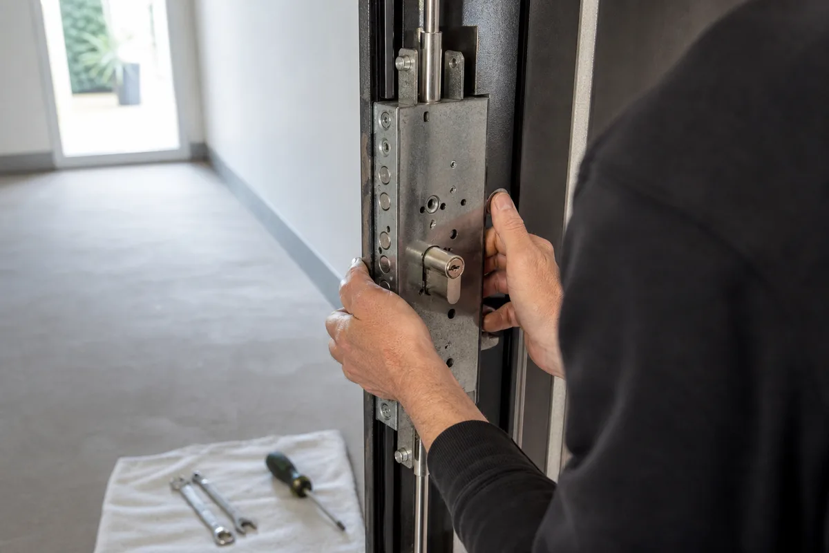 Serrure multipoints en cours de pose sur une porte blindée, outillage de serrurier posé au sol