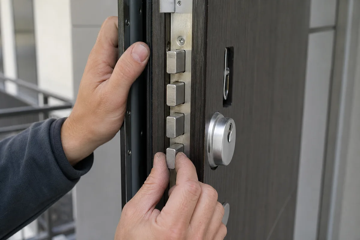 Serrure multipoints et cylindre de sécurité posés sur une porte d’entrée moderne, lumière nette de palier