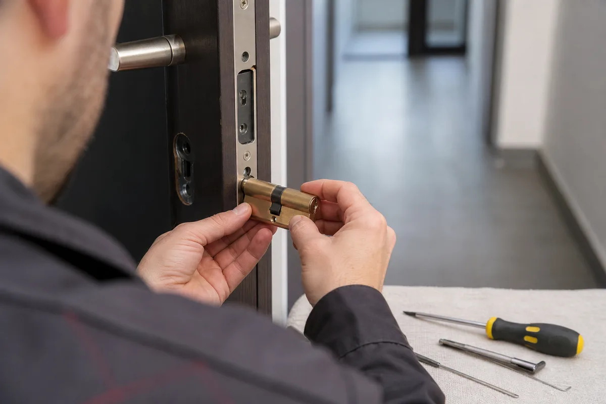Gros plan sur un cylindre européen haute sécurité en cours de changement sur une porte