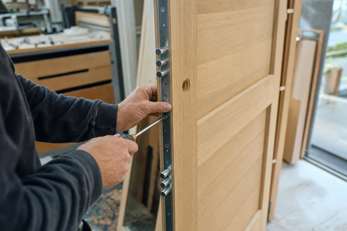 Serrure multipoints à encastrer posée sur une porte d’appartement, pênes visibles