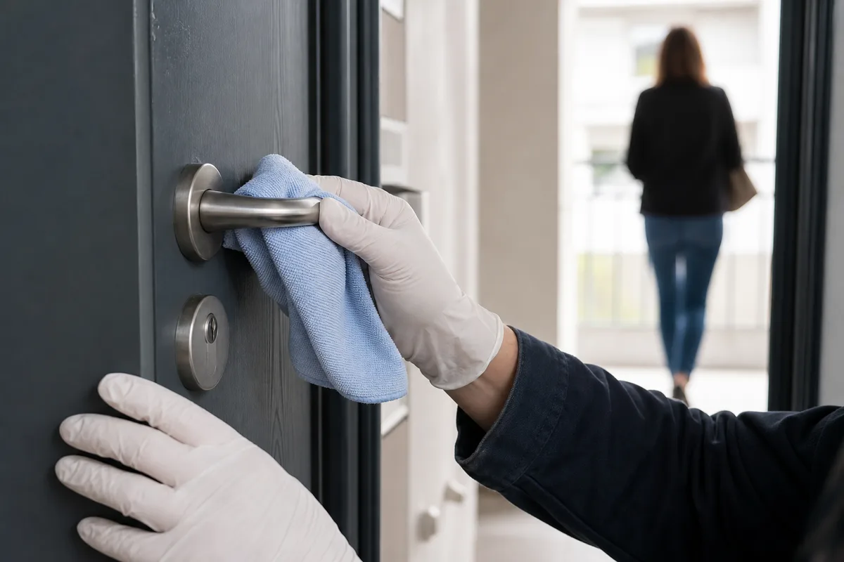 Serrurier ajustant une serrure multipoints sur une porte d&rsquo;entrée de pavillon récent