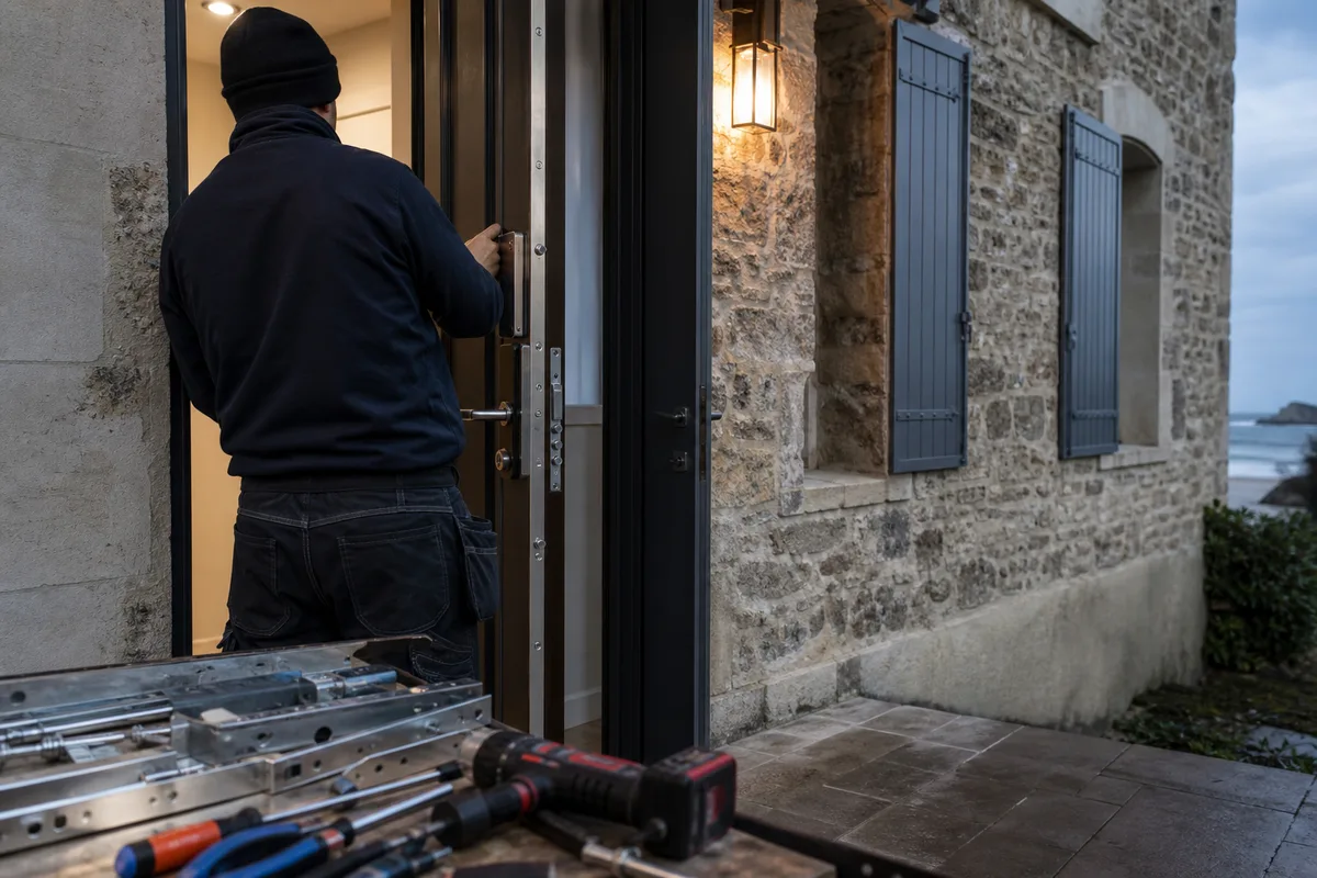 Porte d&rsquo;entrée blindée avec serrure multipoints certifiée sur une maison de la côte normande