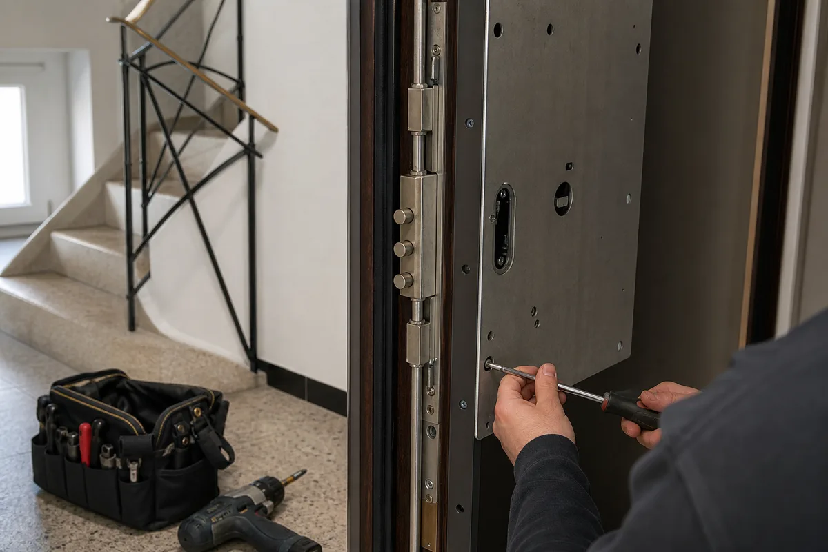 Porte d&rsquo;entrée renforcée par une tôle de blindage et une serrure multipoints en cours de pose