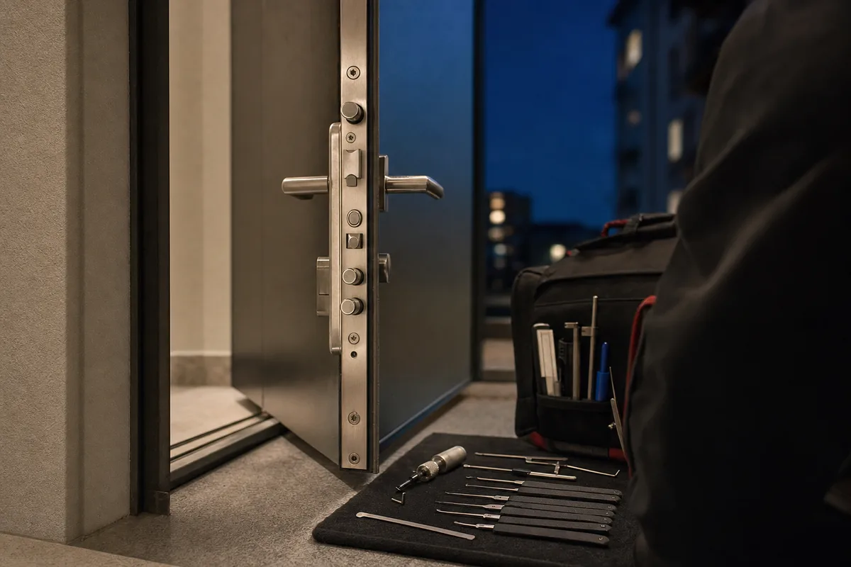 Serrure multipoints en inox et outillage de serrurier posés sur un seuil de porte en soirée