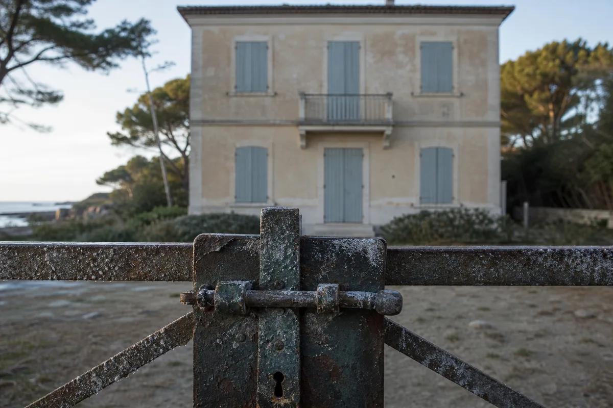 Volets clos d&rsquo;une villa de la corniche des Maures sous la lumière basse de l&rsquo;hiver