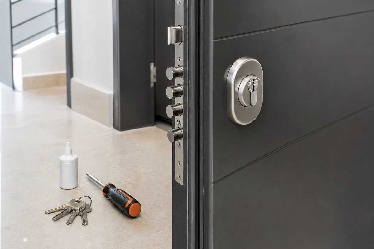 Serrure multipoints et cylindre certifié sur une porte blindée, outillage de serrurier posé sur un palier net