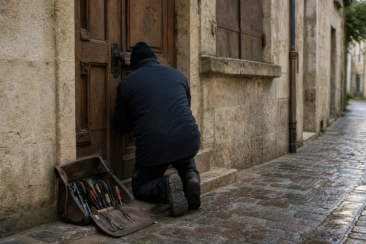 Serrurier intervenant sur une porte d’entrée dans une rue du centre historique de Poissy