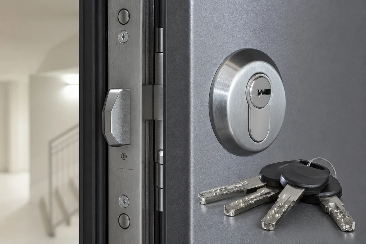 Cylindre de serrure multipoints haute sécurité posé sur une porte blindée sous une lumière de palier