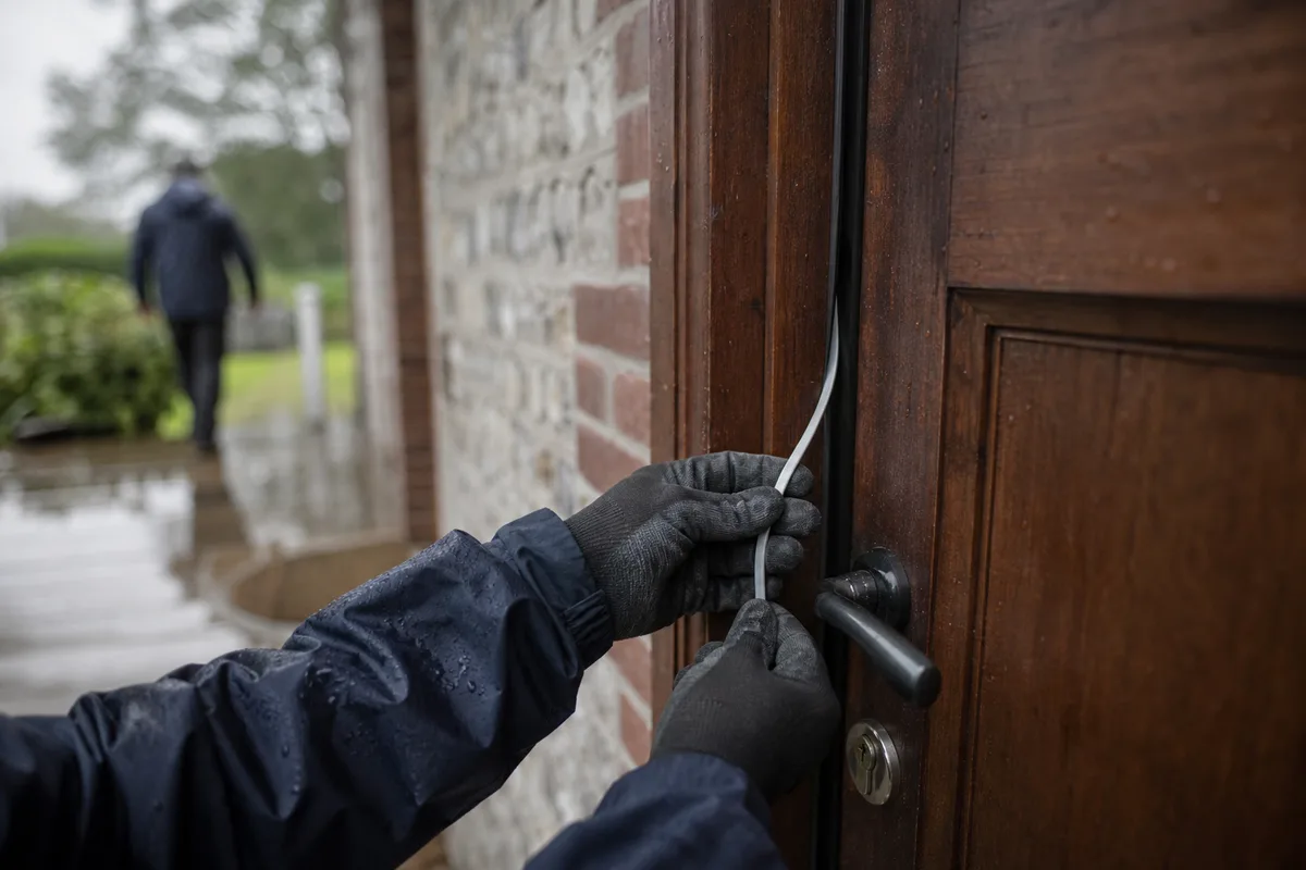 Serrurier ouvrant une porte d&rsquo;entrée claquée d&rsquo;une maison de brique et silex du plateau cauchois